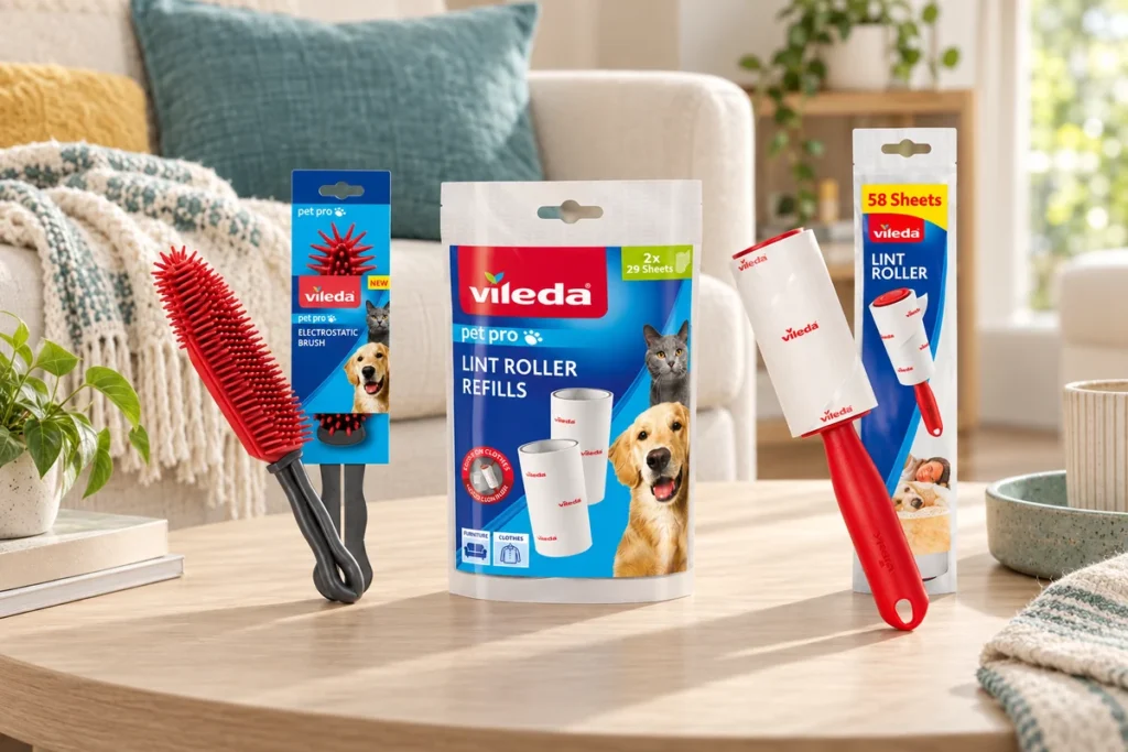 Perie electrostatică, rolă pentru scame și rezerve Vileda Pet Pro pentru textile